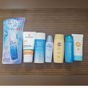 Japanese sunscreens Biore, Suncut, Skin Aqua, Kiss Me Mommy, La Roche